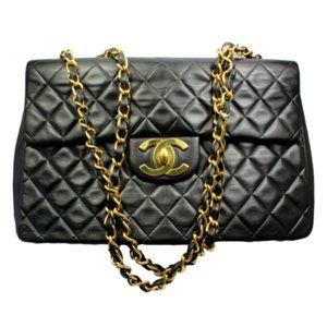 1995 Chanel Jumbo XL Maxi Black Quilted Lambskin Single Flap Handbag Purse